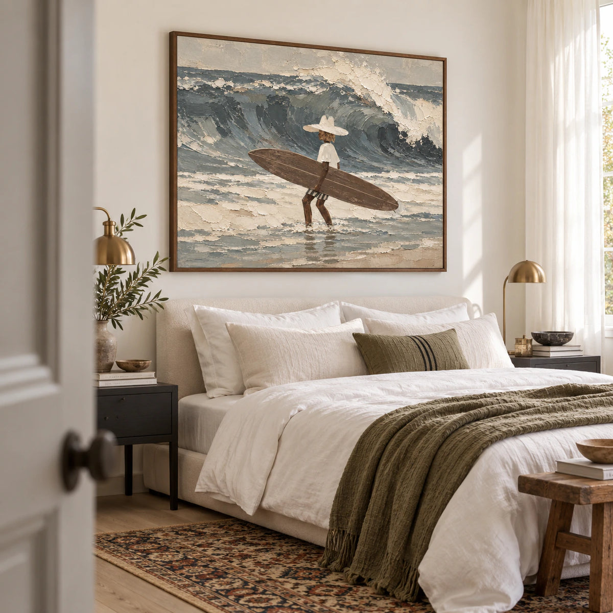 Tidal-Wayfarer above a low bed in a quiet, sunlit bedroom.