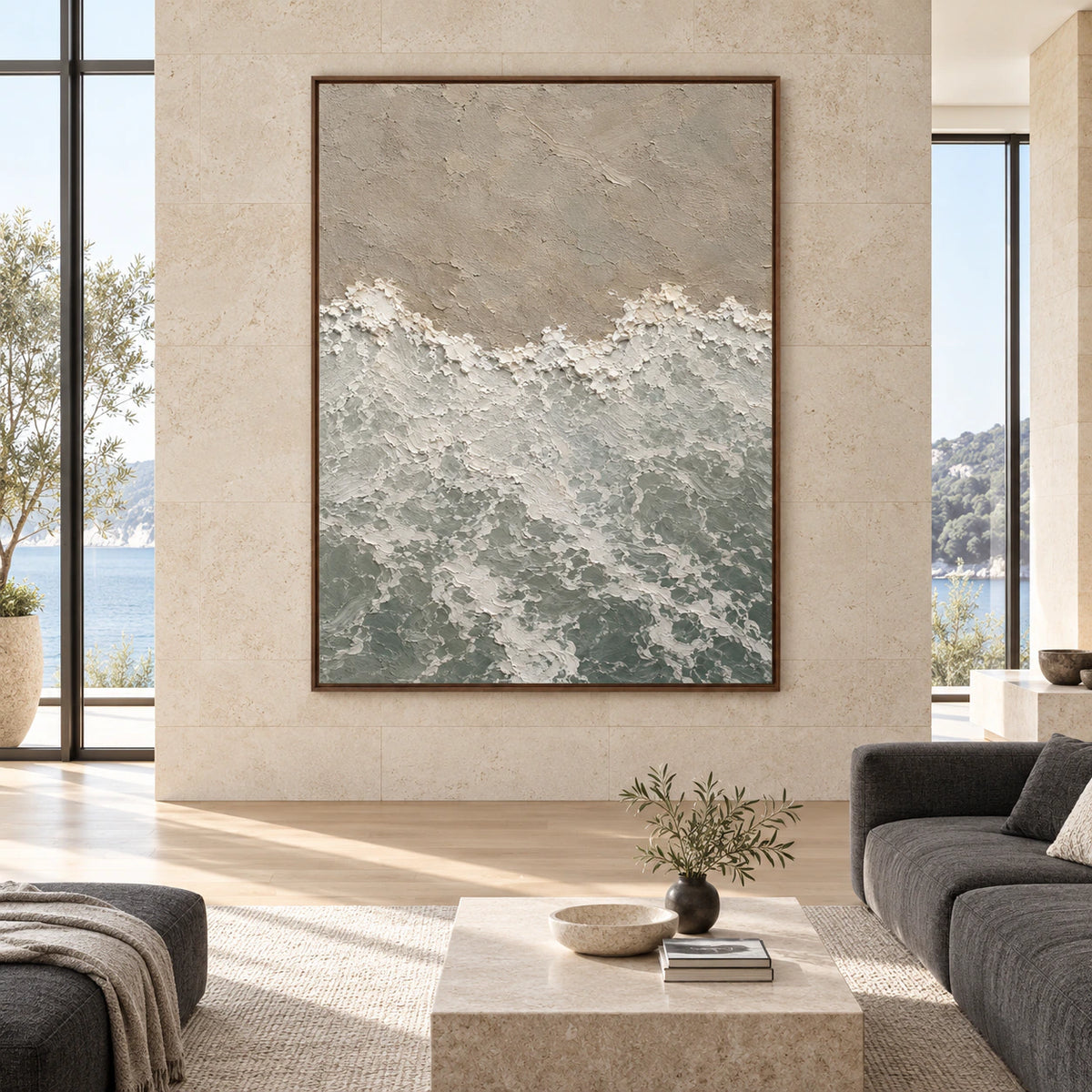 Tide-Remnant displayed large and straight-on in a bright expansive architectural living space.