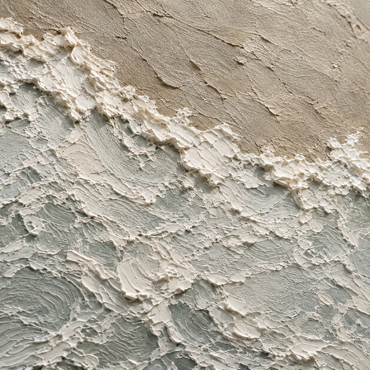 Tide-Remnant oil painting brushwork and impasto detail photographed from an oblique side angle