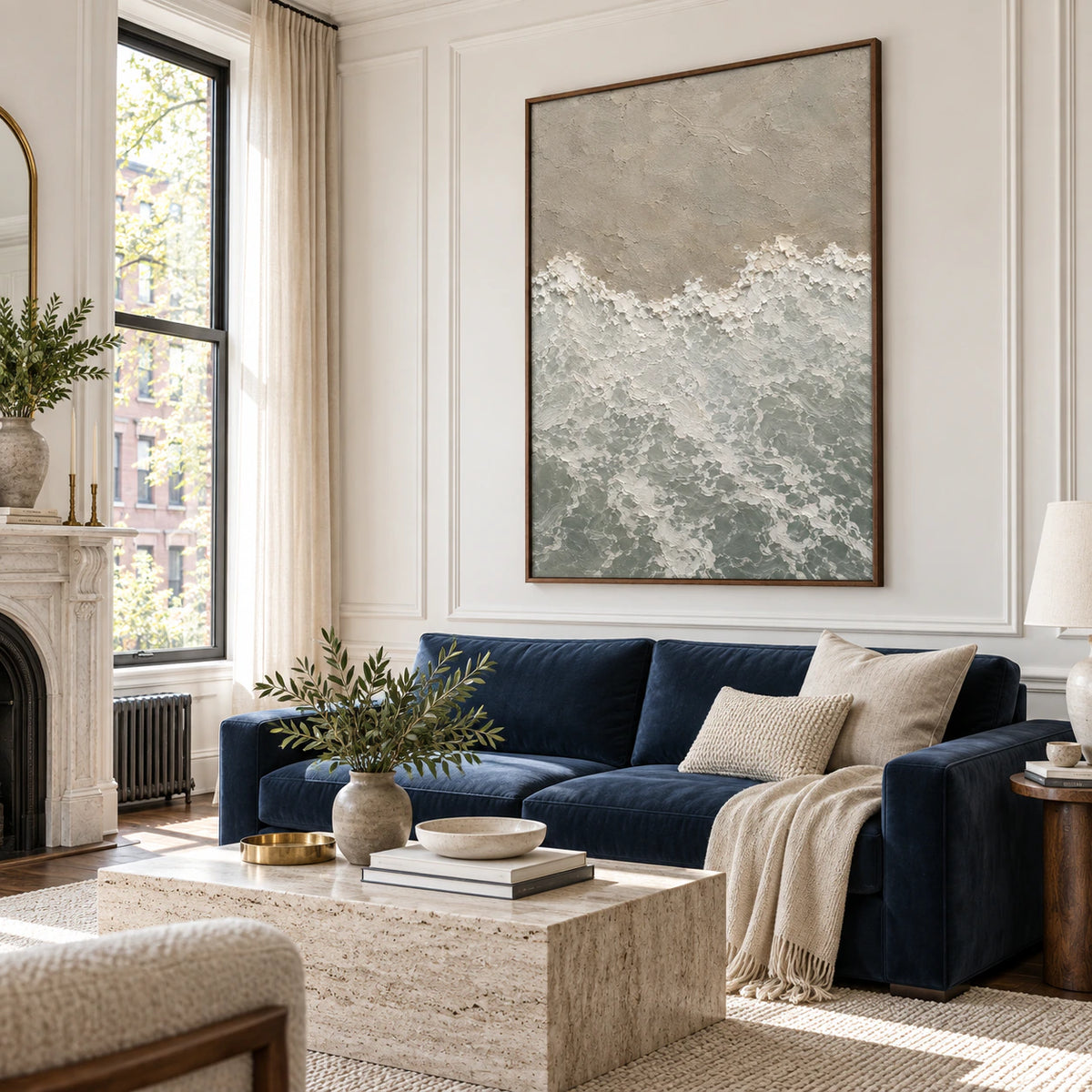 Tide-Remnant as a large focal artwork in a bright contemporary living room.
