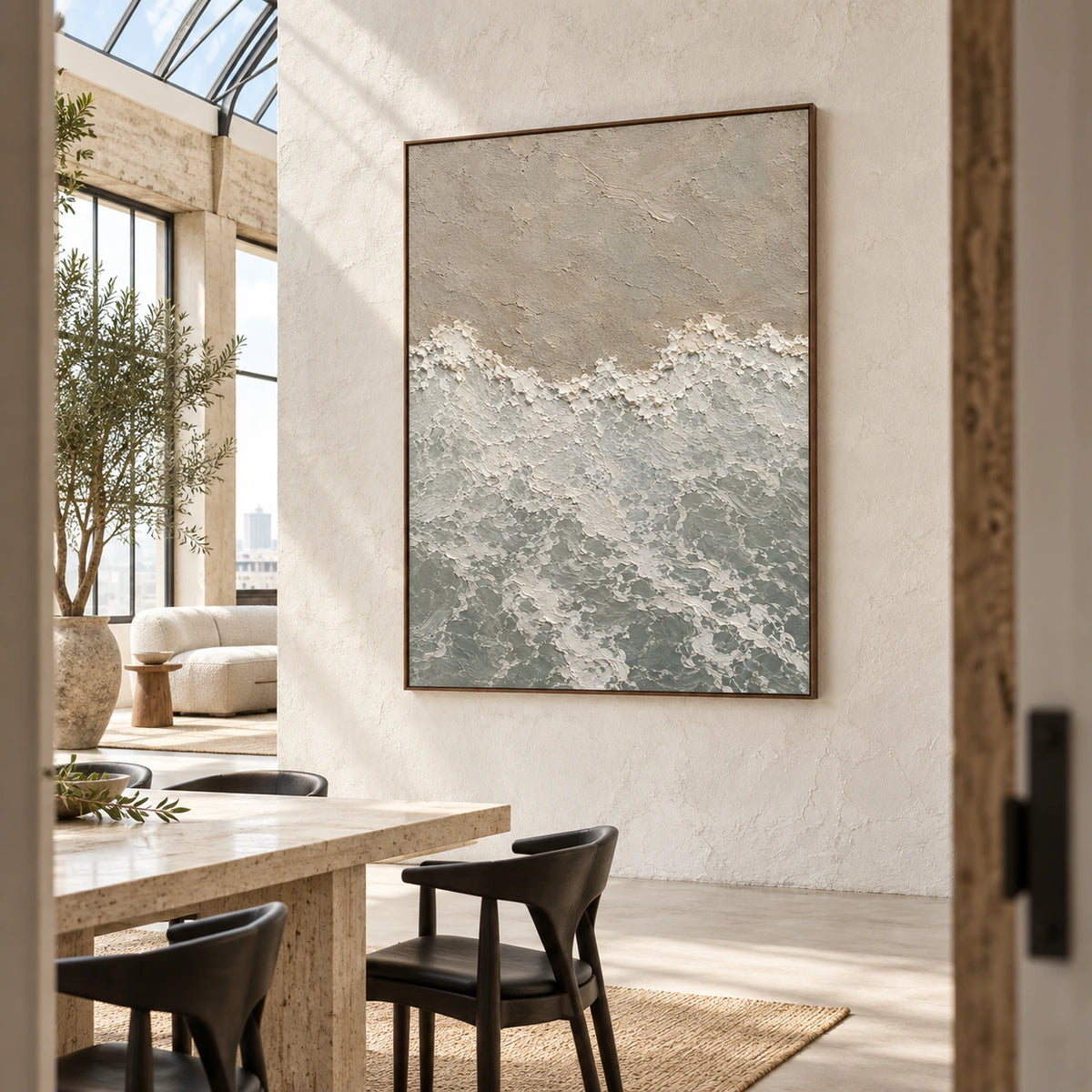 Tide-Remnant as a large focal point in an expansive loft hospitality interior.