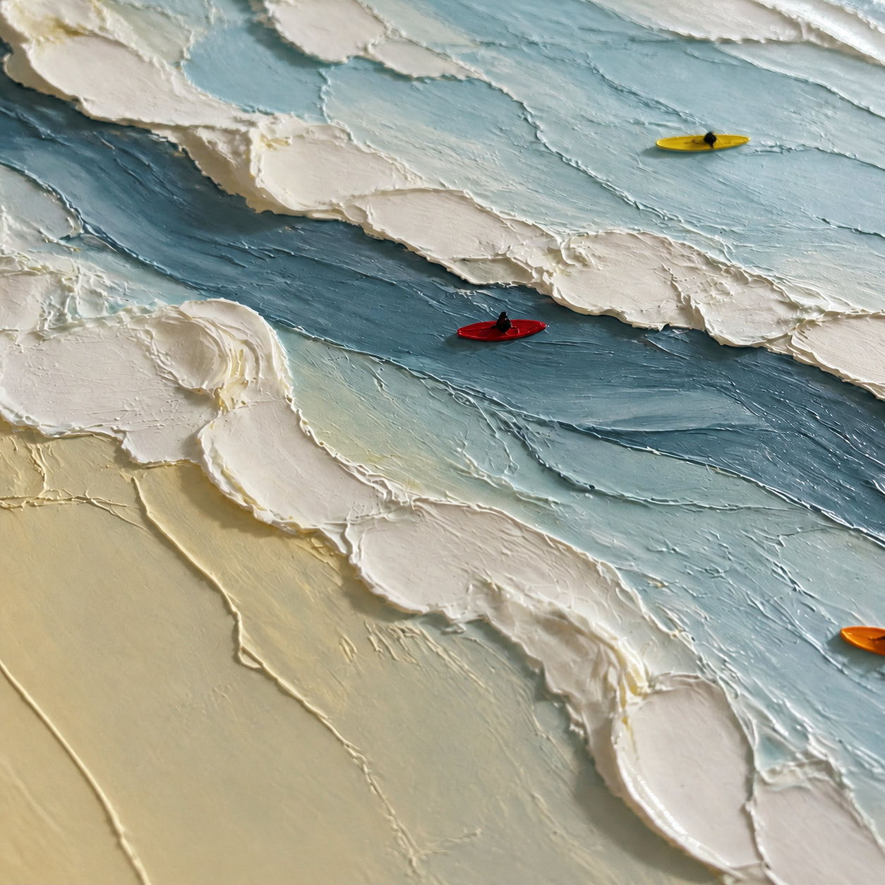 Tide-Trace oil painting brushwork and impasto detail photographed from an oblique side angle