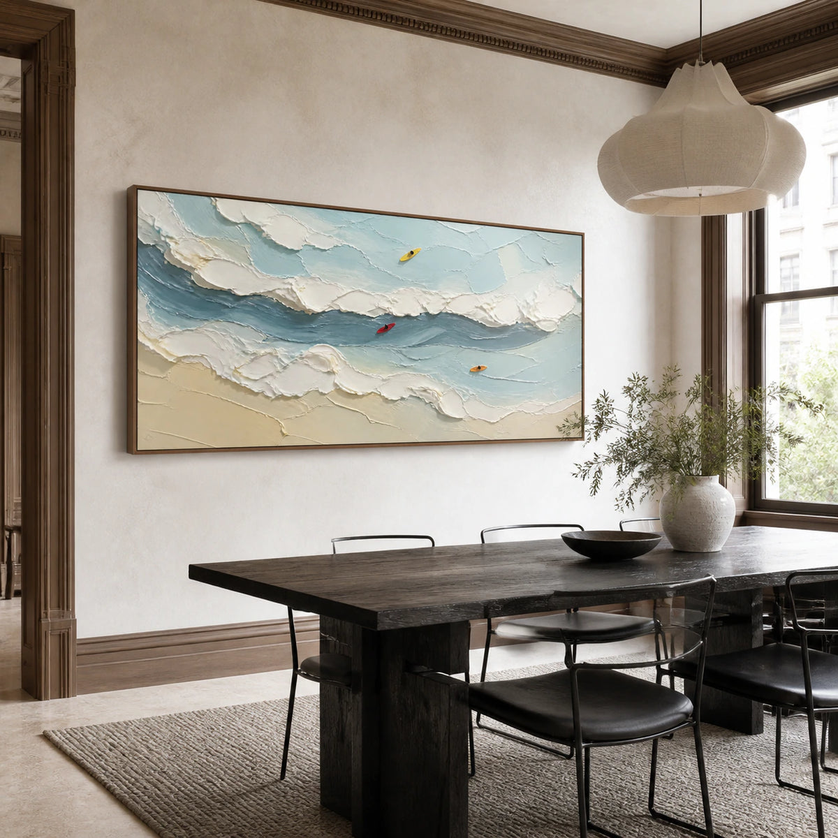 Tide-Trace in a refined dining room with sculptural furnishings.