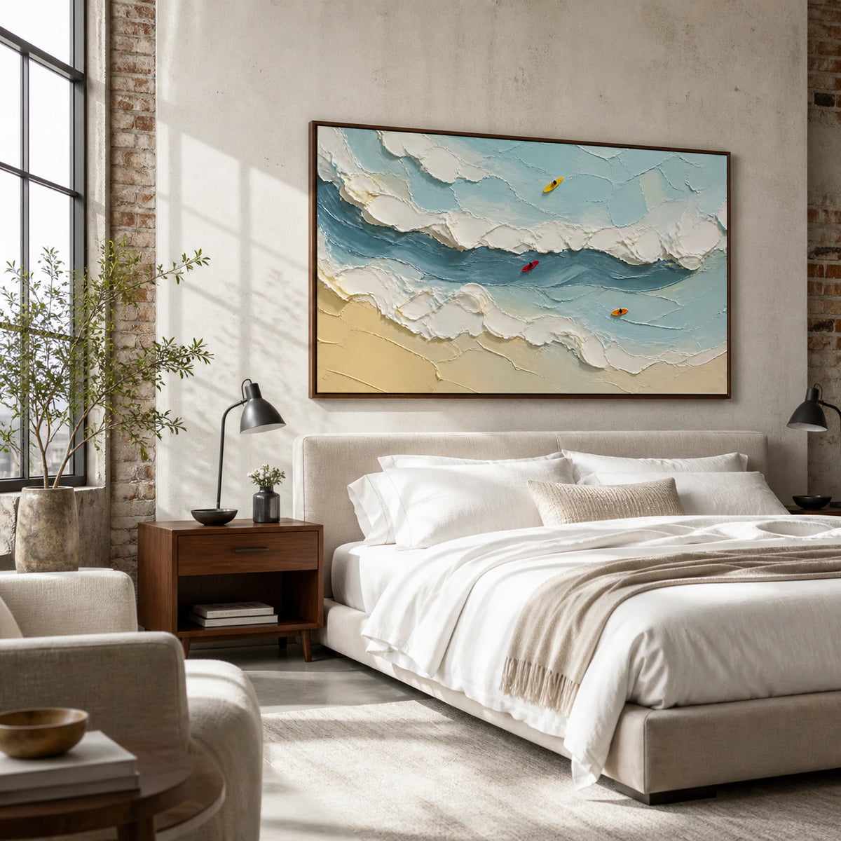 Tide-Trace as a large calming focal point in a quiet bedroom.