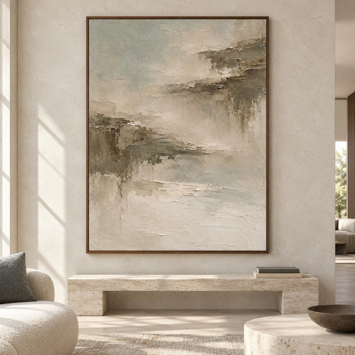 Large vertical Tonal Fault artwork displayed straight-on in a spacious, bright architectural room.