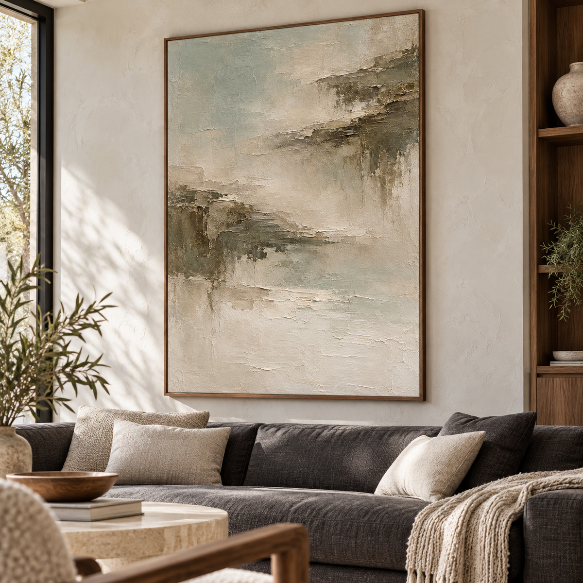 Tonal Fault displayed above a low neutral sofa in a bright living room.