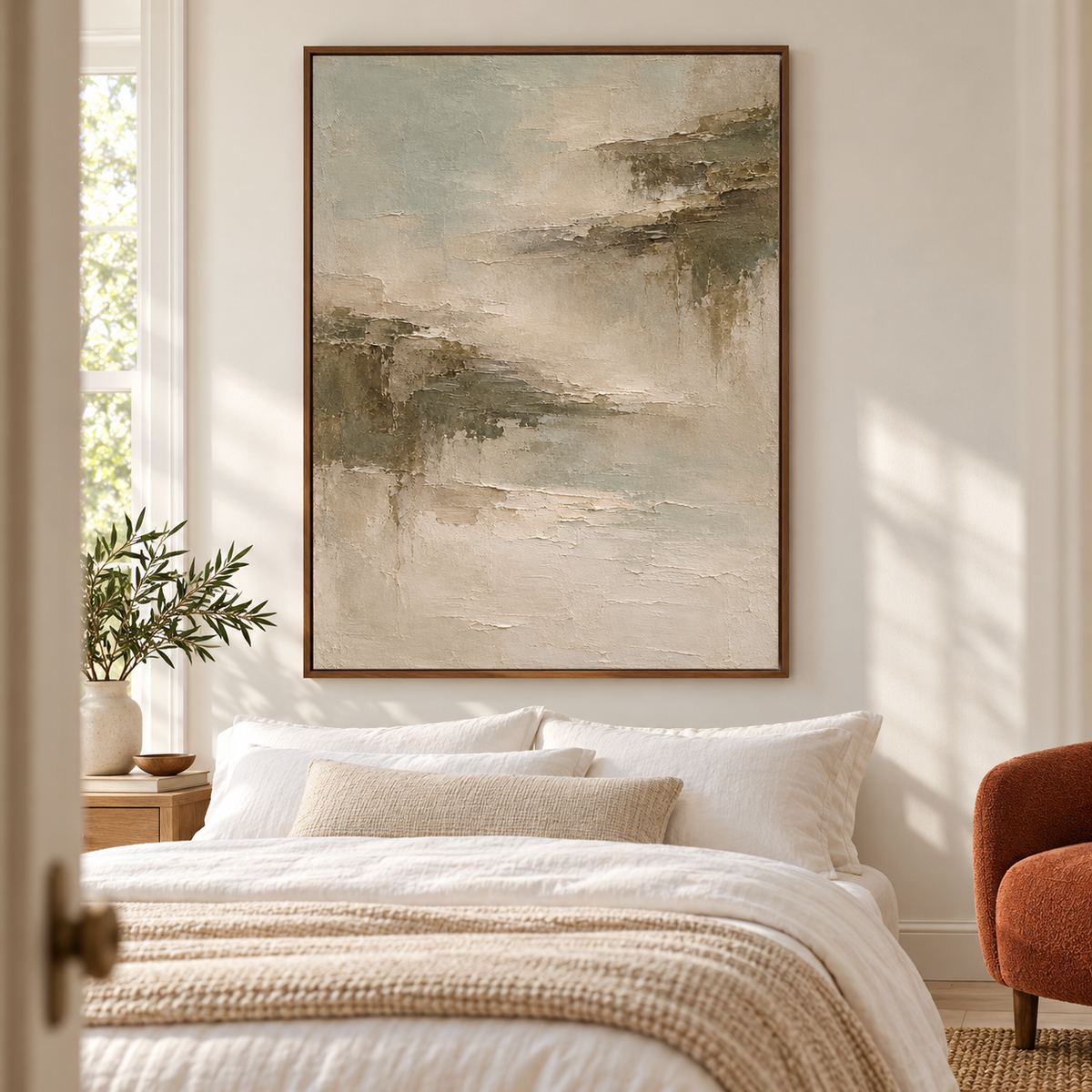 Tonal Fault above a simple bed in a quiet, daylight-filled bedroom.