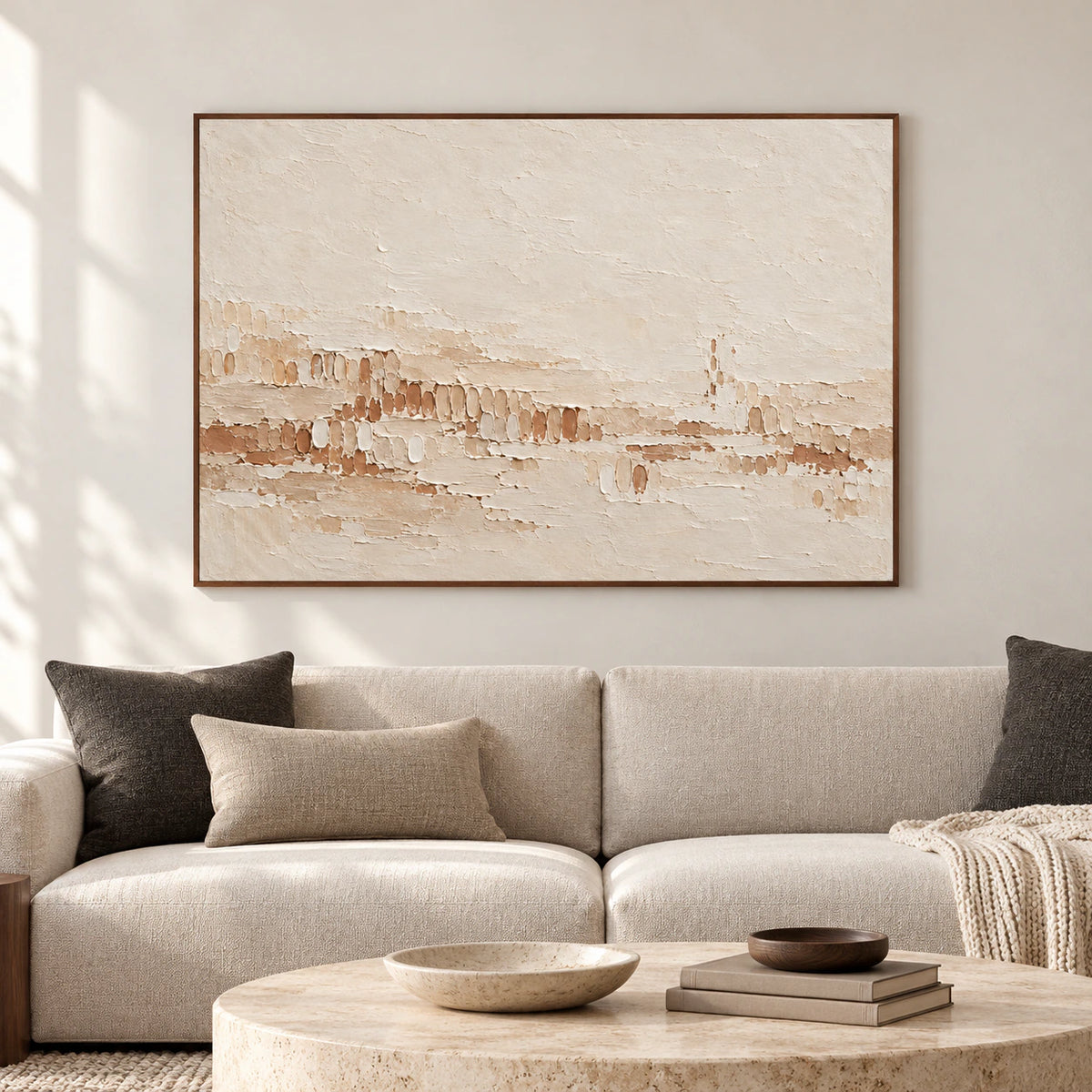 Large horizontal Tonal-Stitch artwork displayed straight-on in a spacious, bright architectural living room.