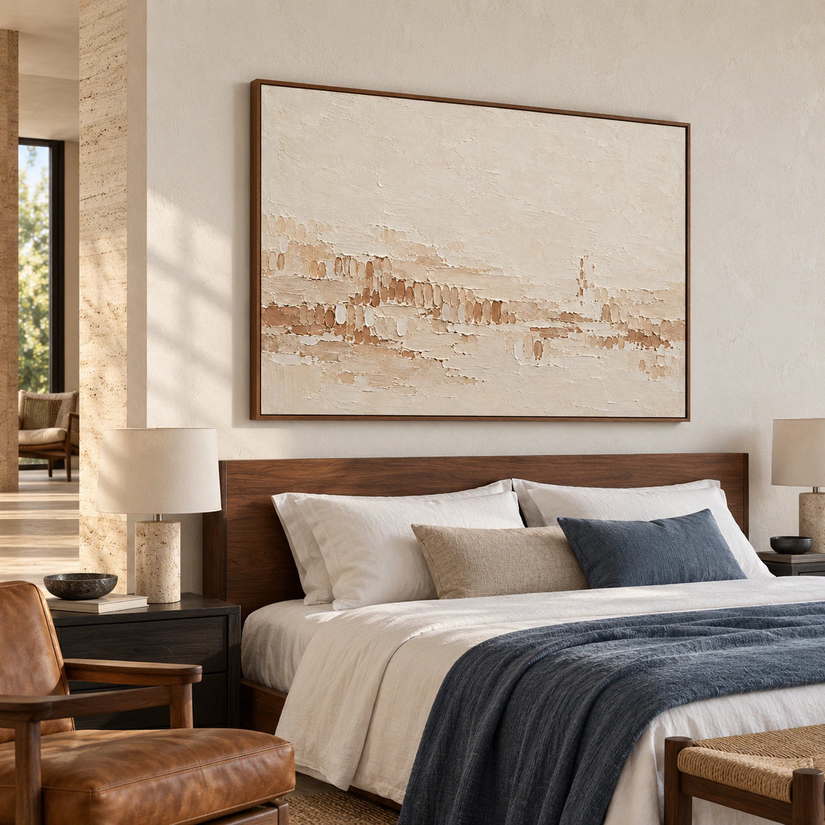 Tonal-Stitch artwork above a quiet bedroom’s low walnut headboard, with crisp linens and soft daylight.