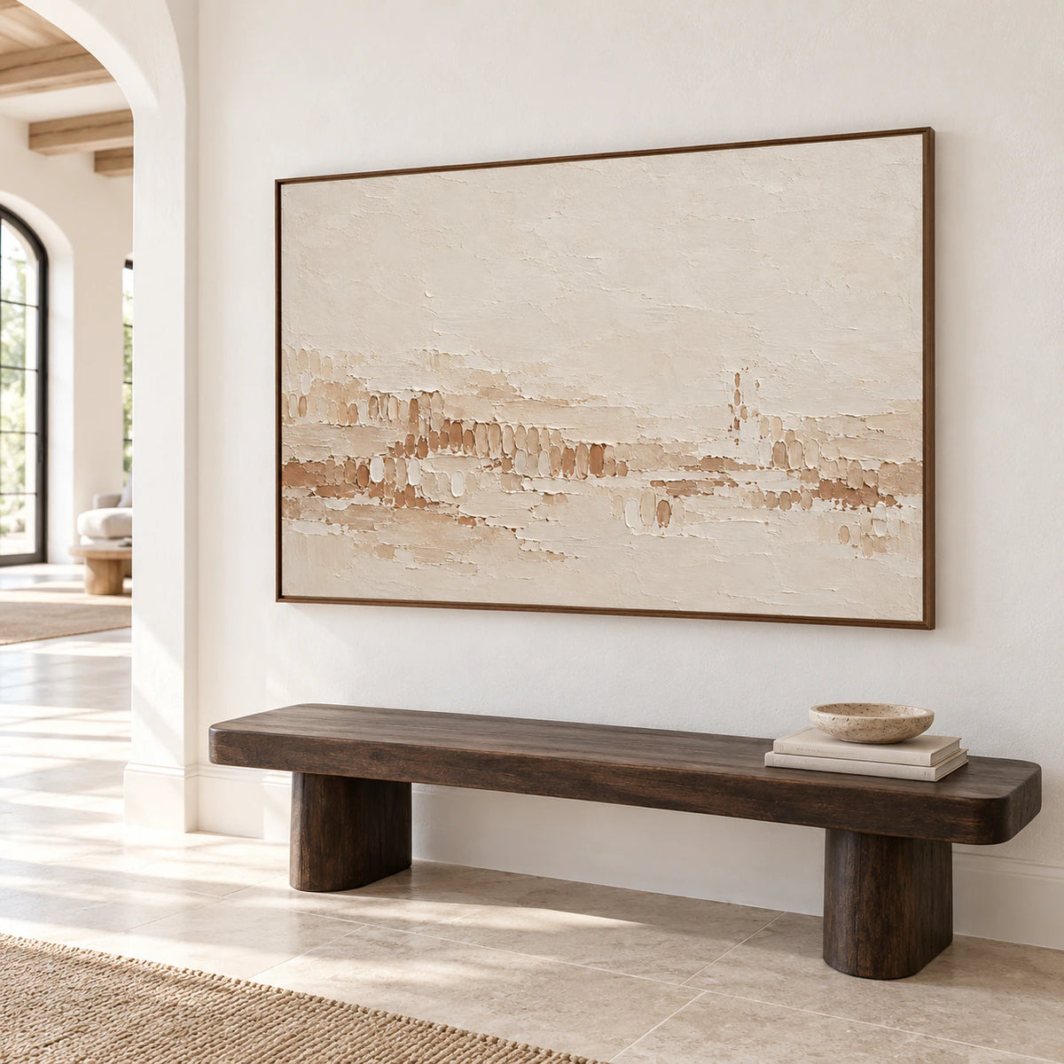 Large Tonal-Stitch artwork in a gallery-scale foyer with limestone flooring and a sculptural dark bench.