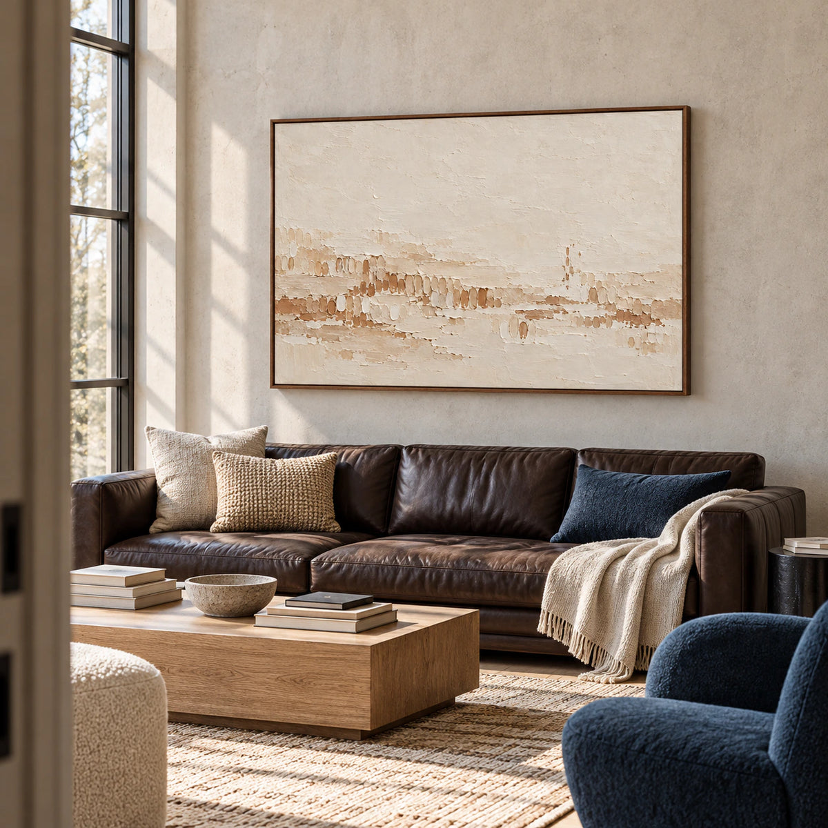 Tonal-Stitch artwork commanding an expansive loft interior with concrete architecture and restrained furnishings.
