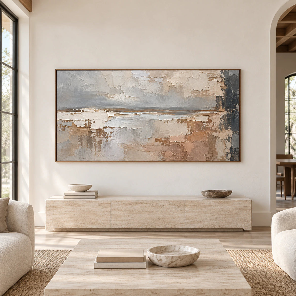 Large horizontal abstract painting on a light architectural wall in a spacious interior, viewed straight-on in balanced natural daylight.