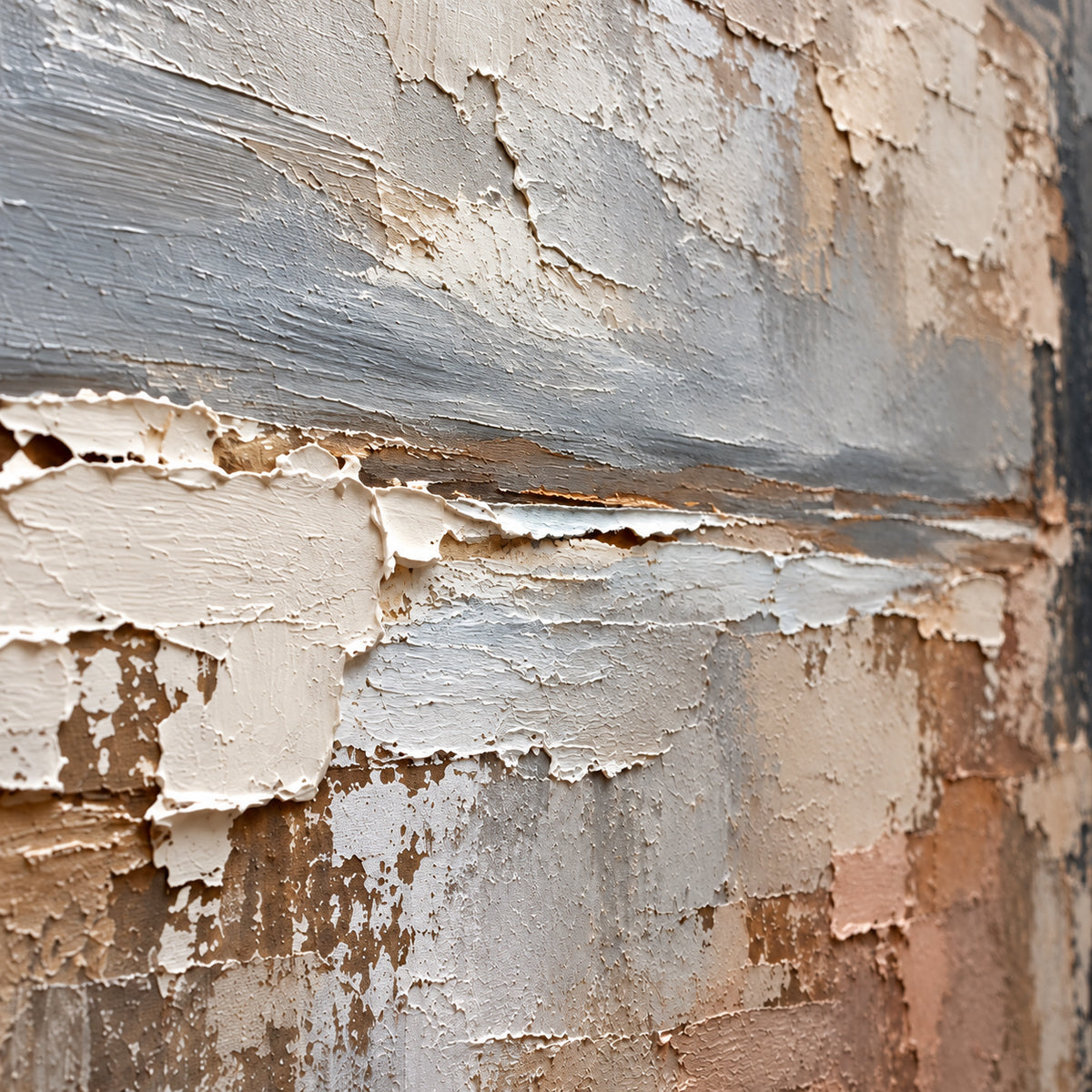 Oblique close-up of Tonal-Traverse showing raised paint ridges, overlapping cream and taupe layers and gray passages under grazing light.