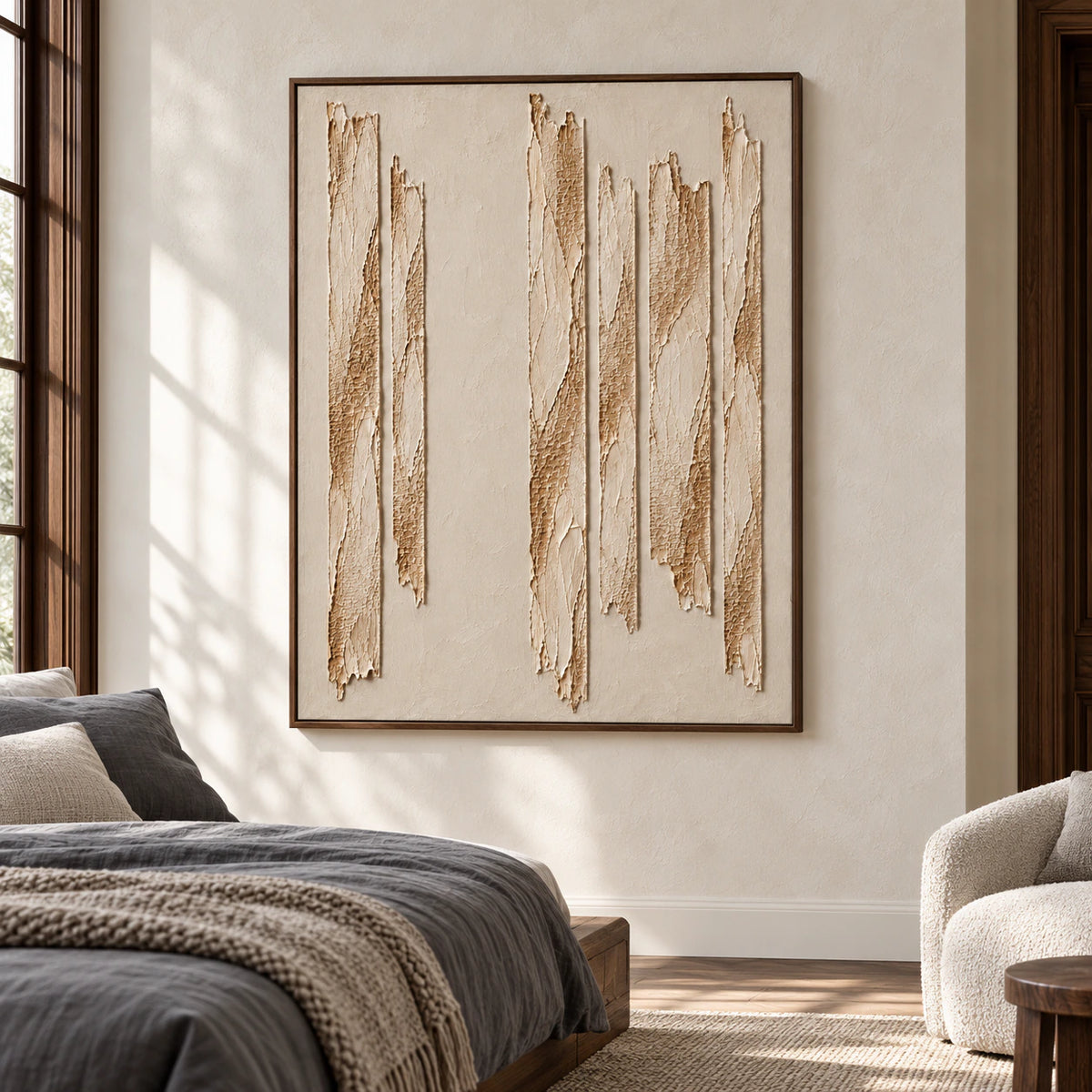 Nearly frontal view of Torn-Cadence above a low bed with muted slate linen against warm white bedroom walls.