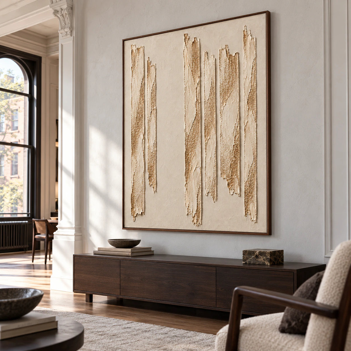Torn-Cadence displayed as a focal artwork in a traditional interior with wood flooring.