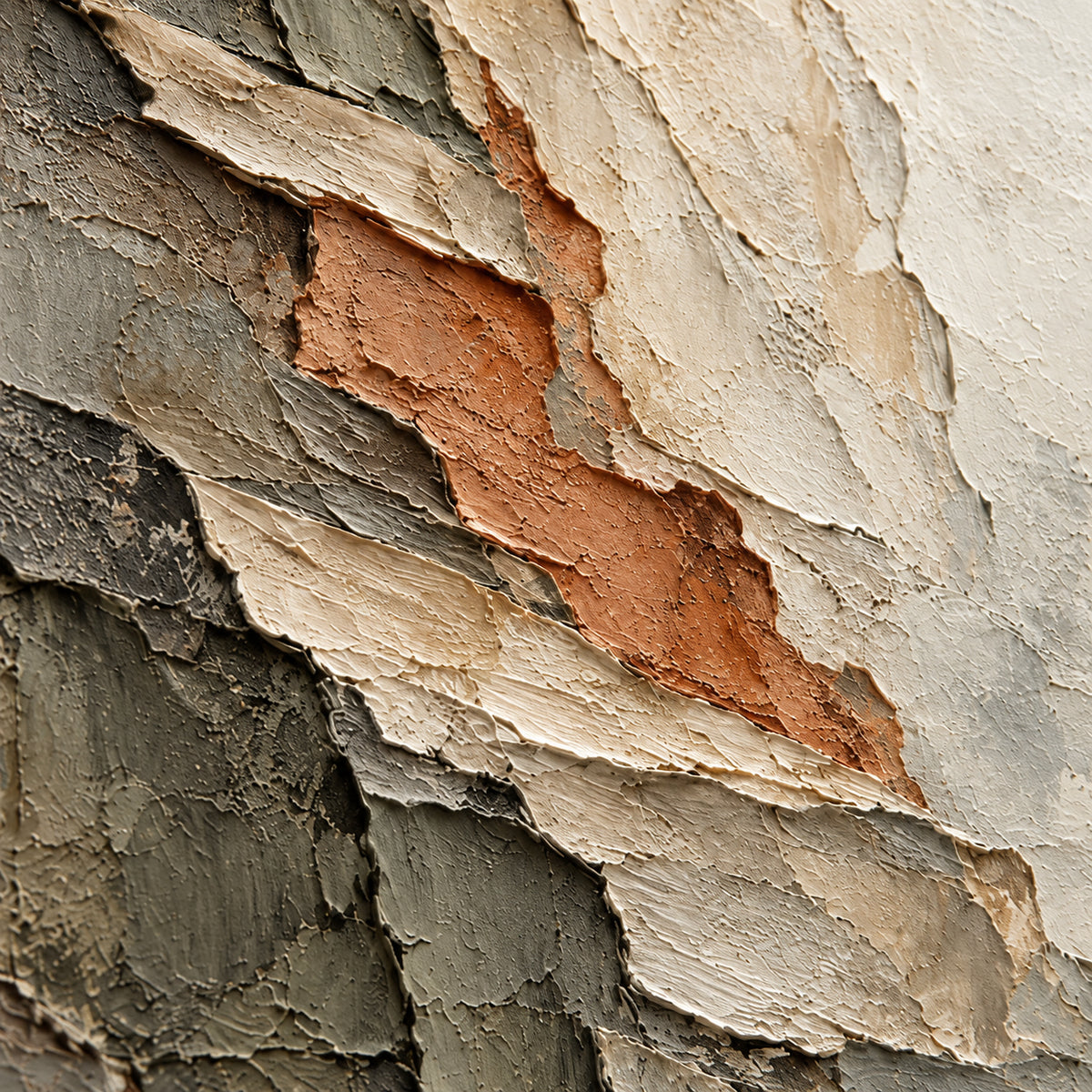 Close detail of Torn-Mantle oil painting from an oblique side angle, with grazing light revealing raised paint, rough fissures and overlapping edges.