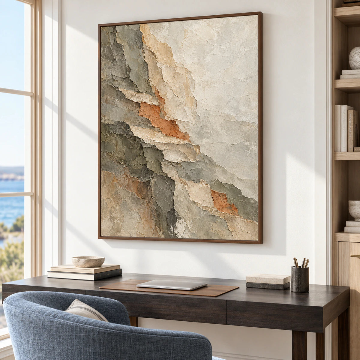Large vertical abstract painting above a simple dark desk against a cool pale wall, with a muted blue-gray reading chair, viewed from the right in a daylit home office.