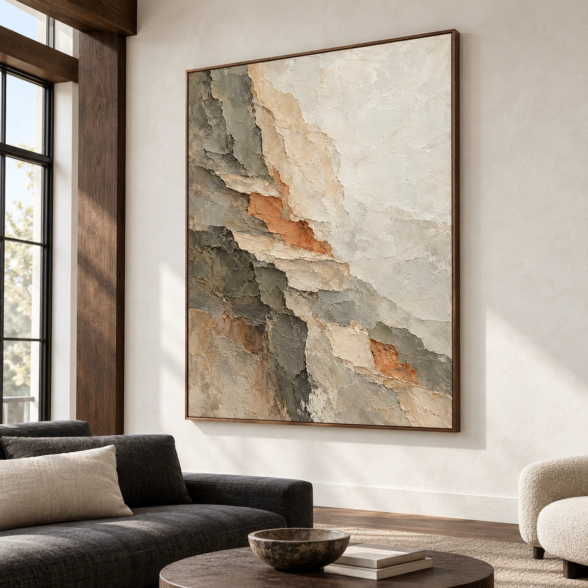 Large vertical abstract painting on a cool off-white wall in a high-ceilinged loft with charcoal seating and dark wood architecture, viewed from the right in bright daylight.