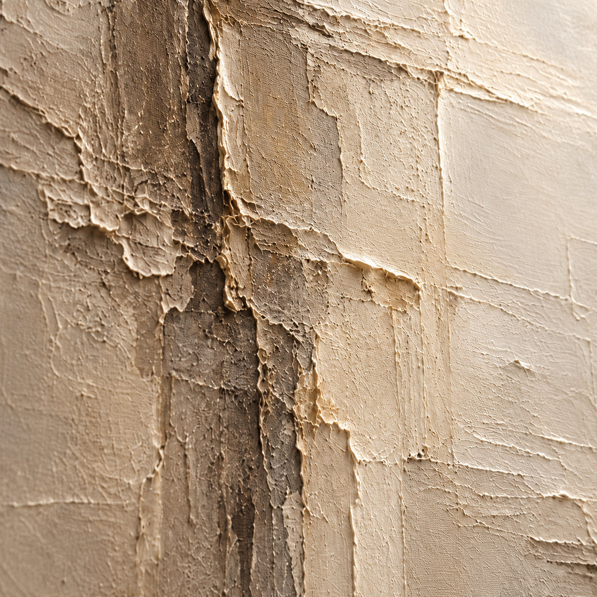 Oblique close-up of Torn-Meridian's cream and umber surface, with grazing light revealing raised paint, broad strokes and irregular edges.