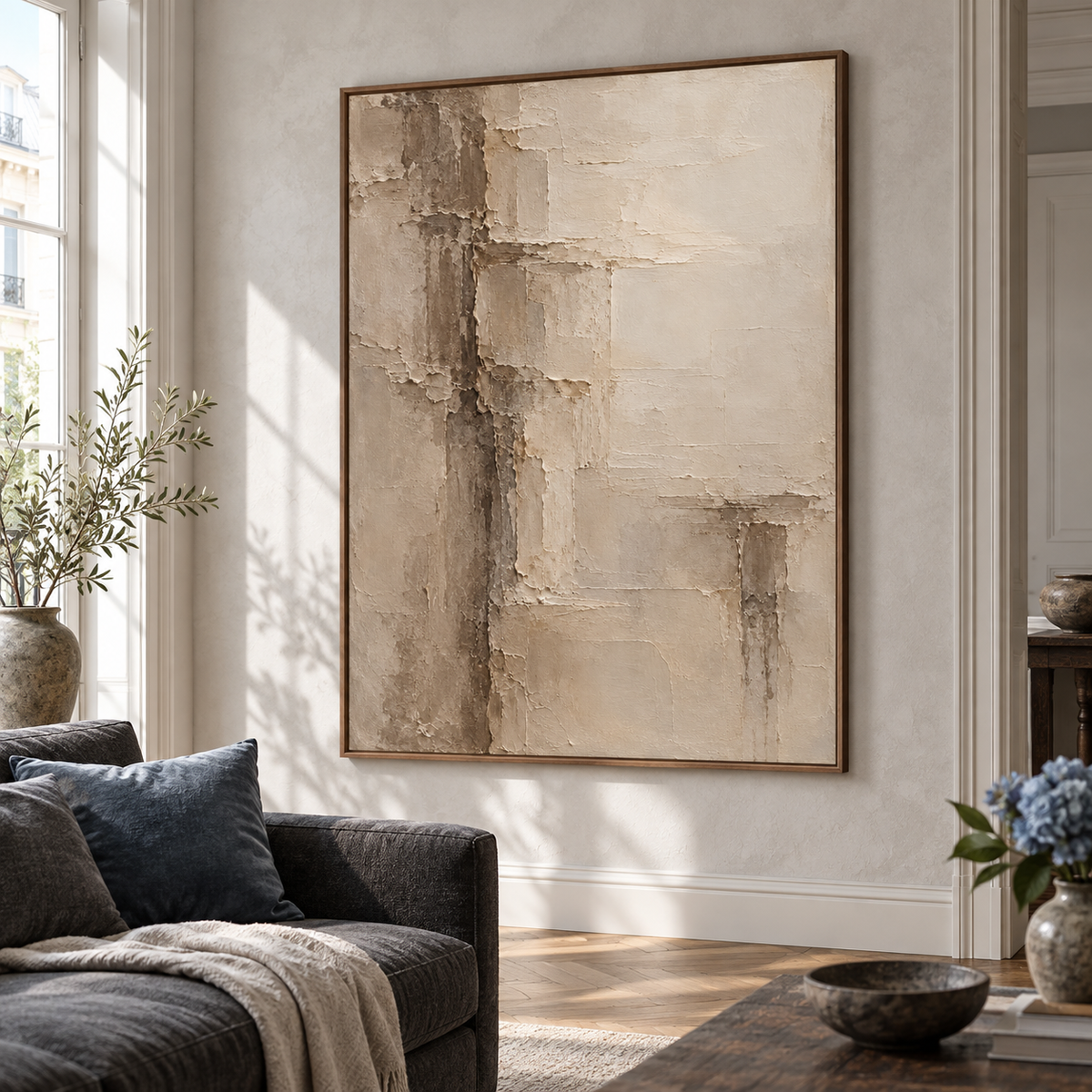 Torn-Meridian above a charcoal sofa on a cool-gray wall, viewed from the left in a bright living room with dark wood and muted blue accents.