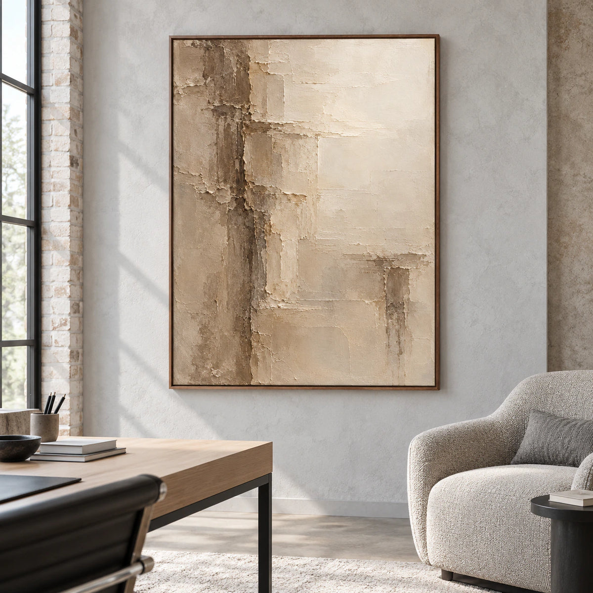 Torn-Meridian beside a desk and reading chair in a bright home office with cool-gray walls, black and pale oak furniture, viewed from the right.