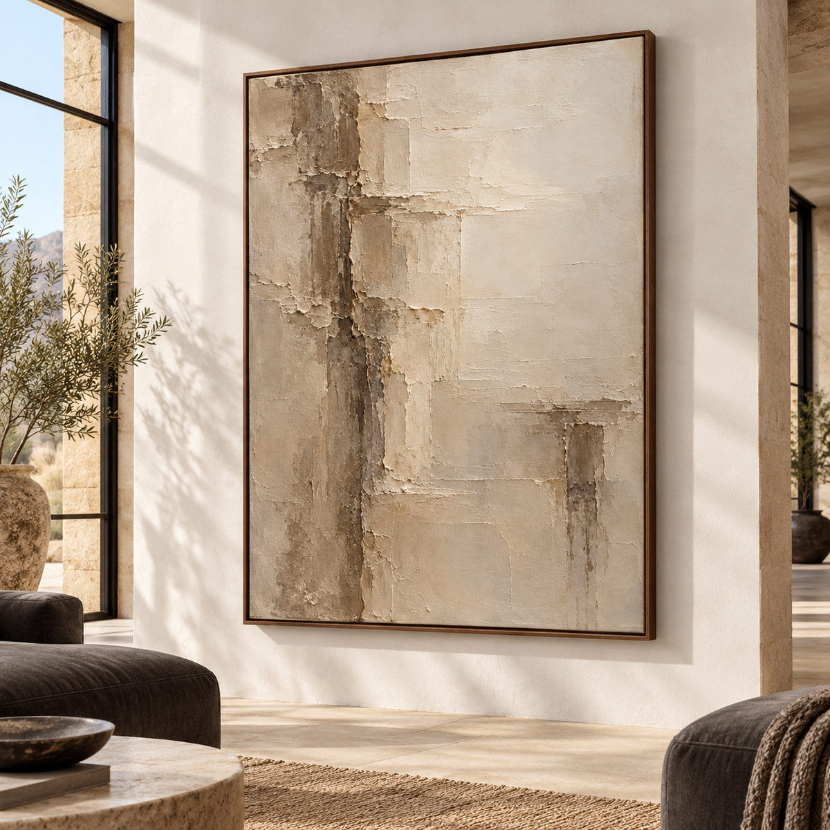 Torn-Meridian on a cool-white wall in a double-height loft with deep-blue lounge seating, dark metal accents and large industrial windows, viewed from the right.