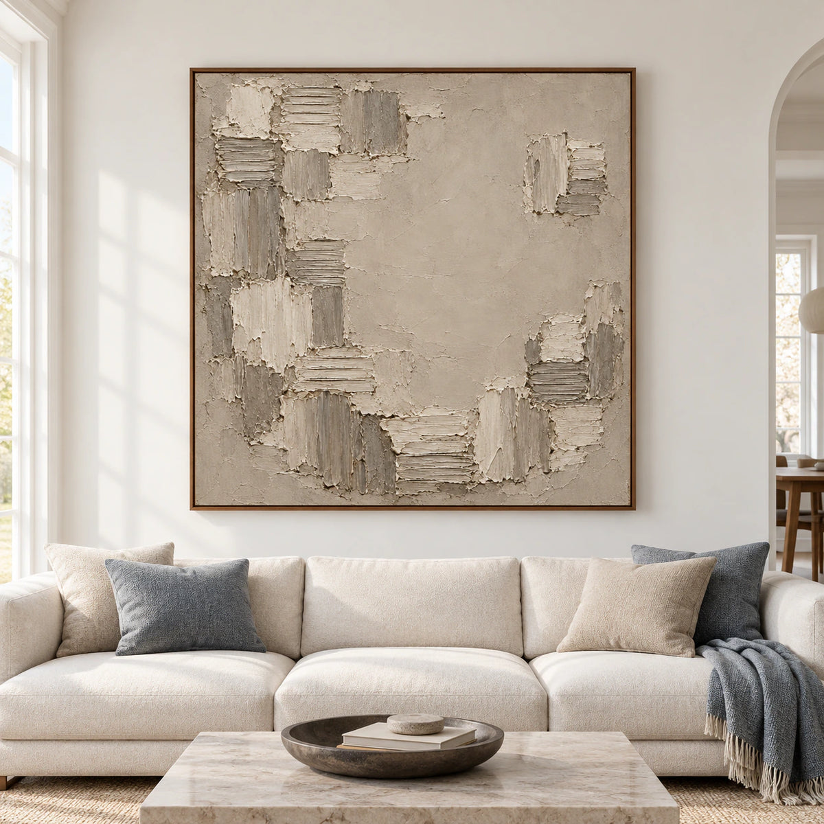 Large Torn-Mosaic square artwork hangs centered on a broad pale wall in a spacious, bright modern interior, shown perfectly straight-on with all frame edges horizontal and vertical.