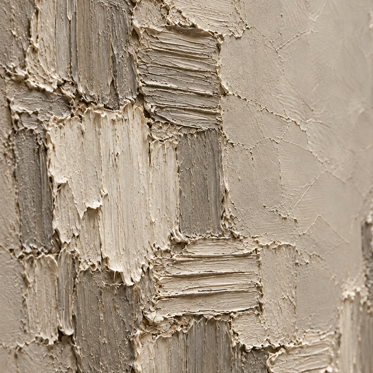 Torn-Mosaic oil painting brushwork and impasto detail photographed from an oblique side angle