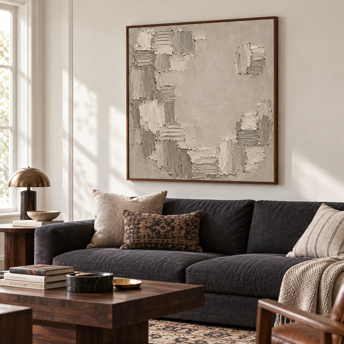Torn-Mosaic hangs large above a charcoal sofa in a bright living room with pale walls, a dark wood side table and natural daylight; the artwork remains unchanged and dominates the view.