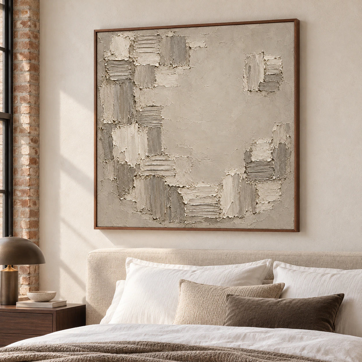 Torn-Mosaic hangs prominently above a low bed in a quiet, bright bedroom, viewed slightly from the right with crisp white linen, dark wood furniture and gentle window light.