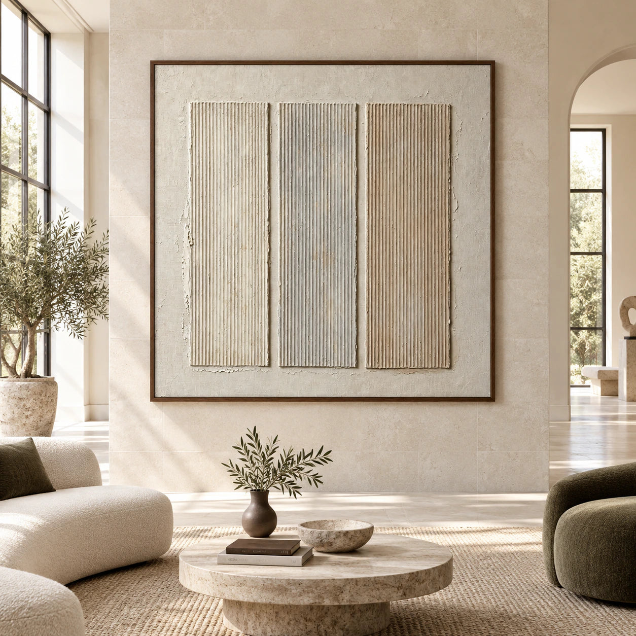 Large square ivory relief artwork with three vertically ridged panels displayed straight-on in a spacious architectural interior.