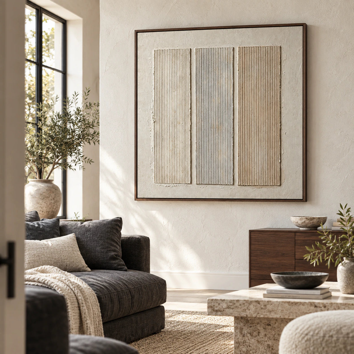Square ivory relief artwork with three vertical ridged panels above a sofa in a bright living room.
