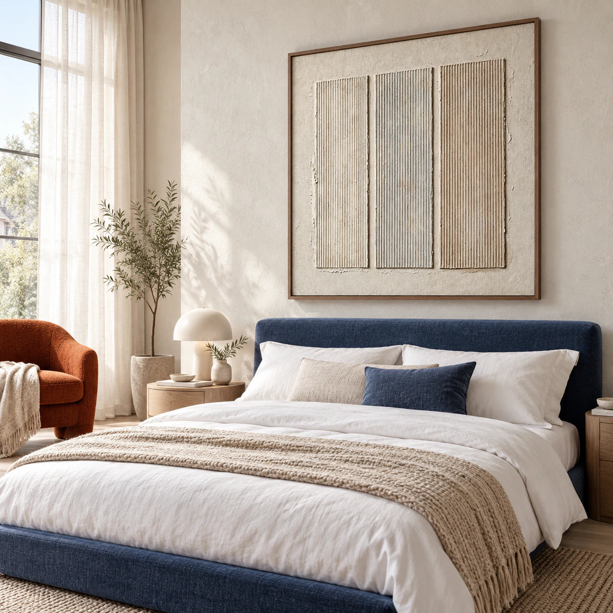 Square ivory relief artwork with three vertical ridged panels above a quiet bedroom setting.