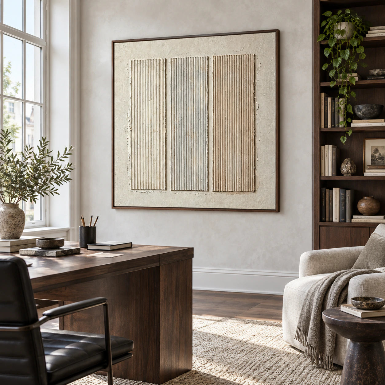 Square ivory relief artwork with three vertical ridged panels in an airy home office reading space.