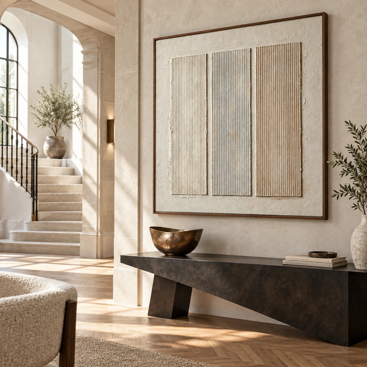 Square ivory relief artwork with three vertical ridged panels at gallery scale in a bright foyer.