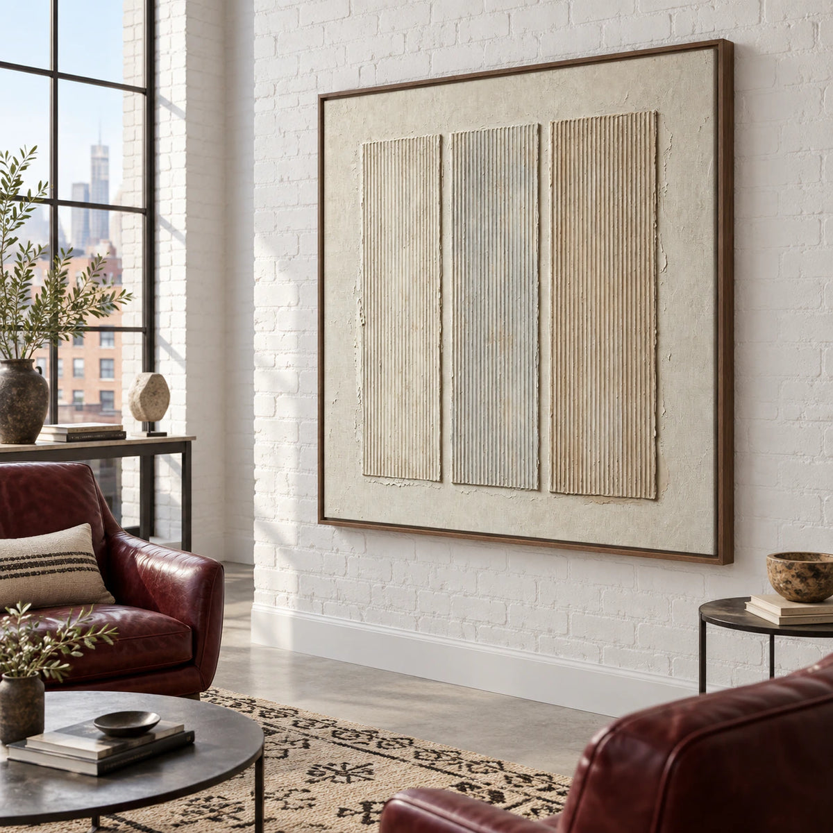 Square ivory relief artwork with three vertical ridged panels in an expansive loft hospitality interior.