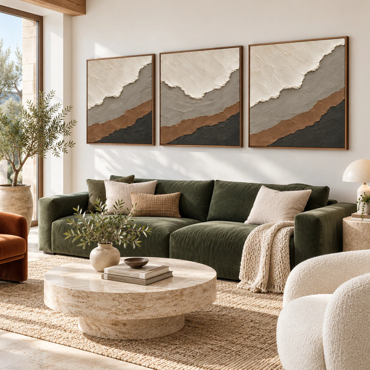 Tundra-Contour triptych above a sofa in a bright living room.