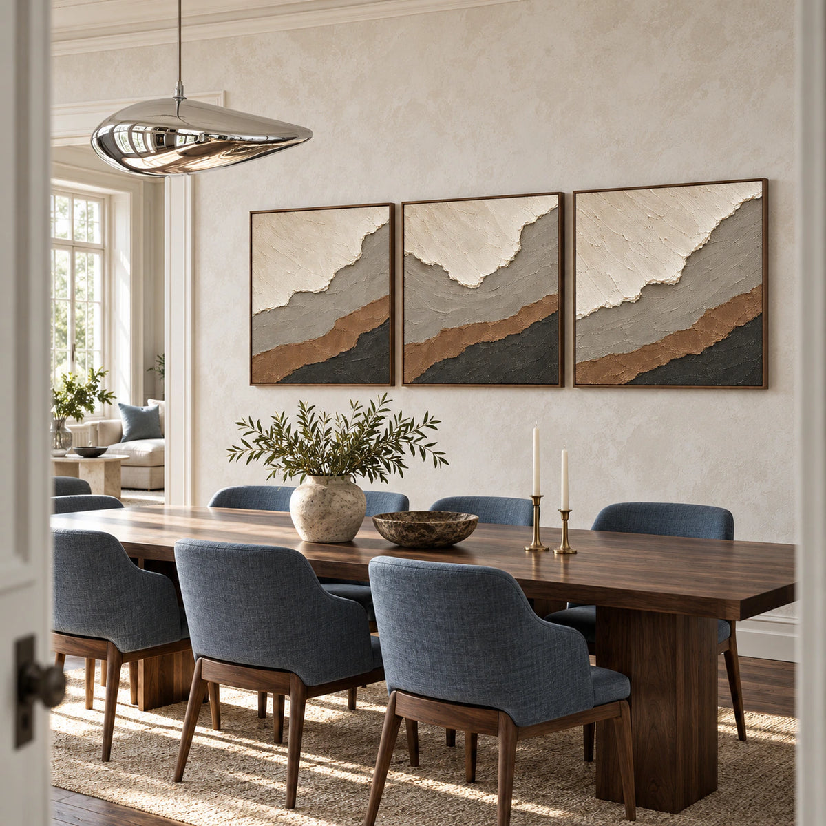 Tundra-Contour triptych displayed in a refined daylight dining room.