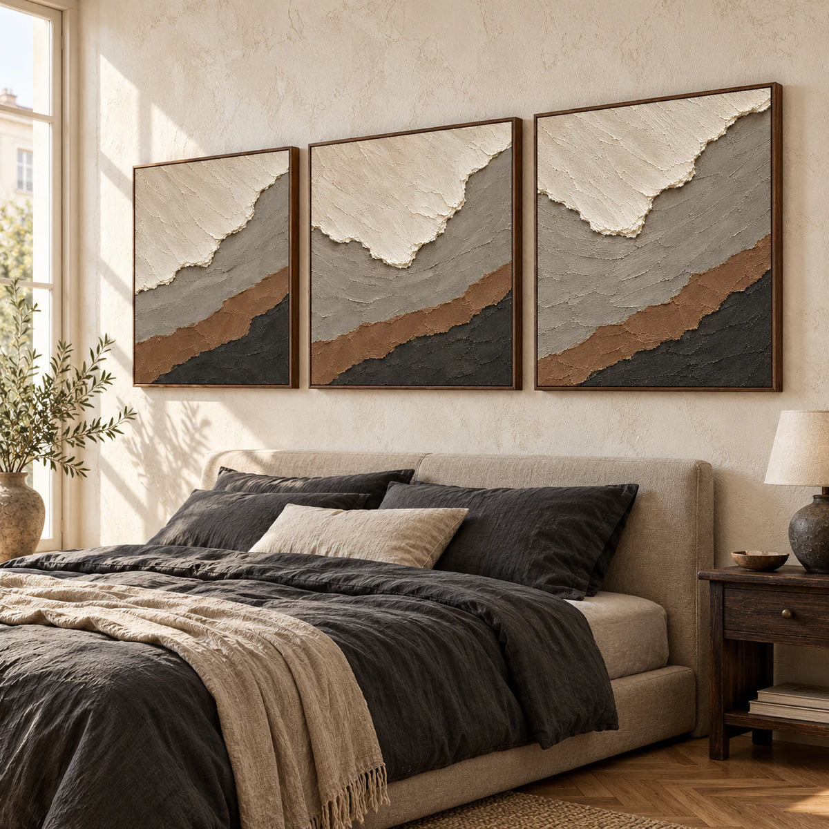 Tundra-Contour triptych above a bed in a quiet bedroom.