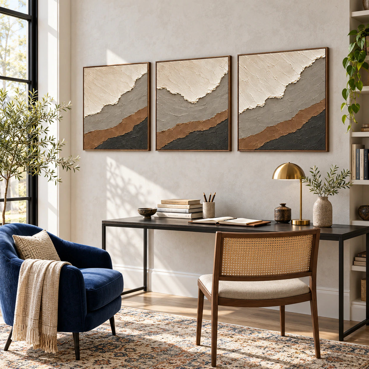Tundra-Contour triptych in an airy home office reading space.