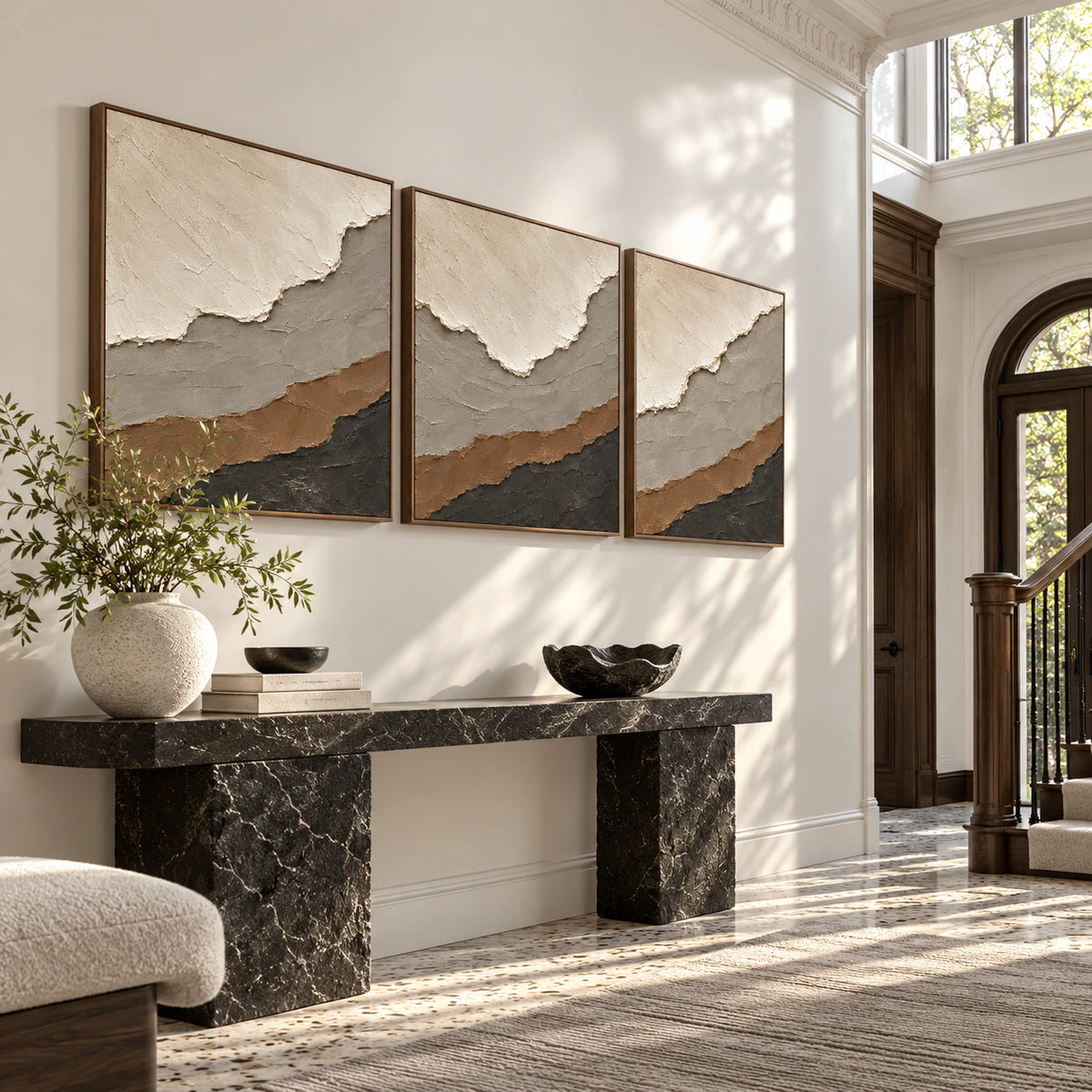 Tundra-Contour triptych at gallery scale in a bright foyer.