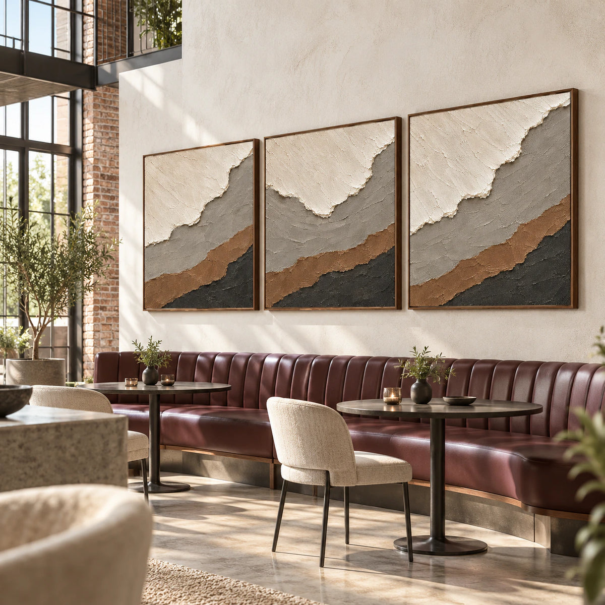 Tundra-Contour triptych as the focal artwork in an expansive loft hospitality interior.