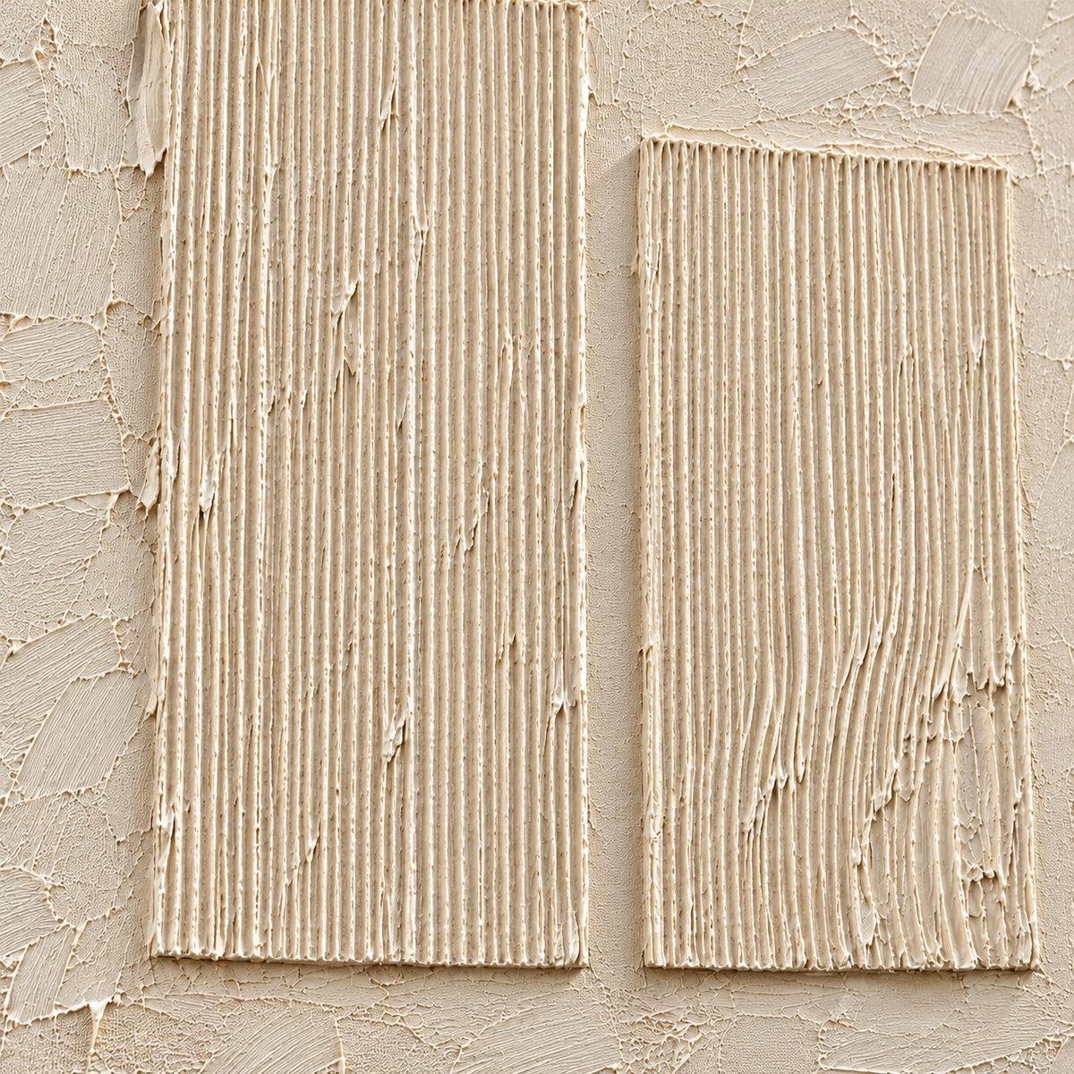 Oblique close-up of the ivory oil painting’s raised ridges and rough surface, with grazing light revealing fine grooves and shallow shadows.