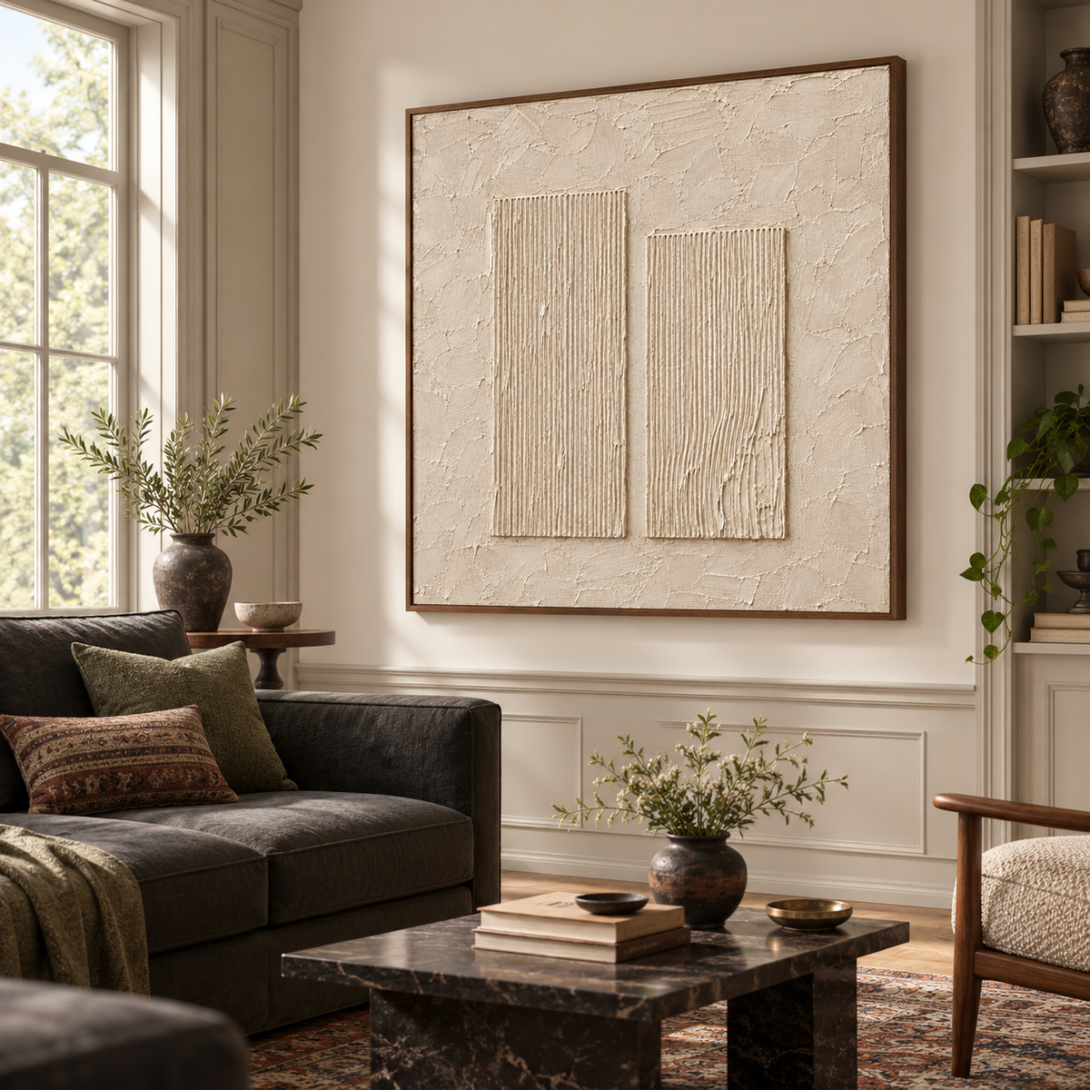 Left oblique view of square ivory artwork with twin ribbed forms above a low charcoal sofa against a pale stone wall in a bright living room.