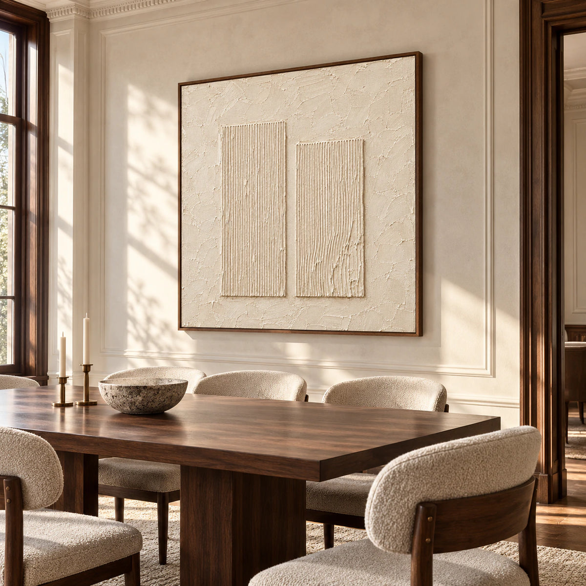 Right oblique view of square ivory artwork on a light limestone wall above a dark walnut dining table with sculptural chairs in daylight.