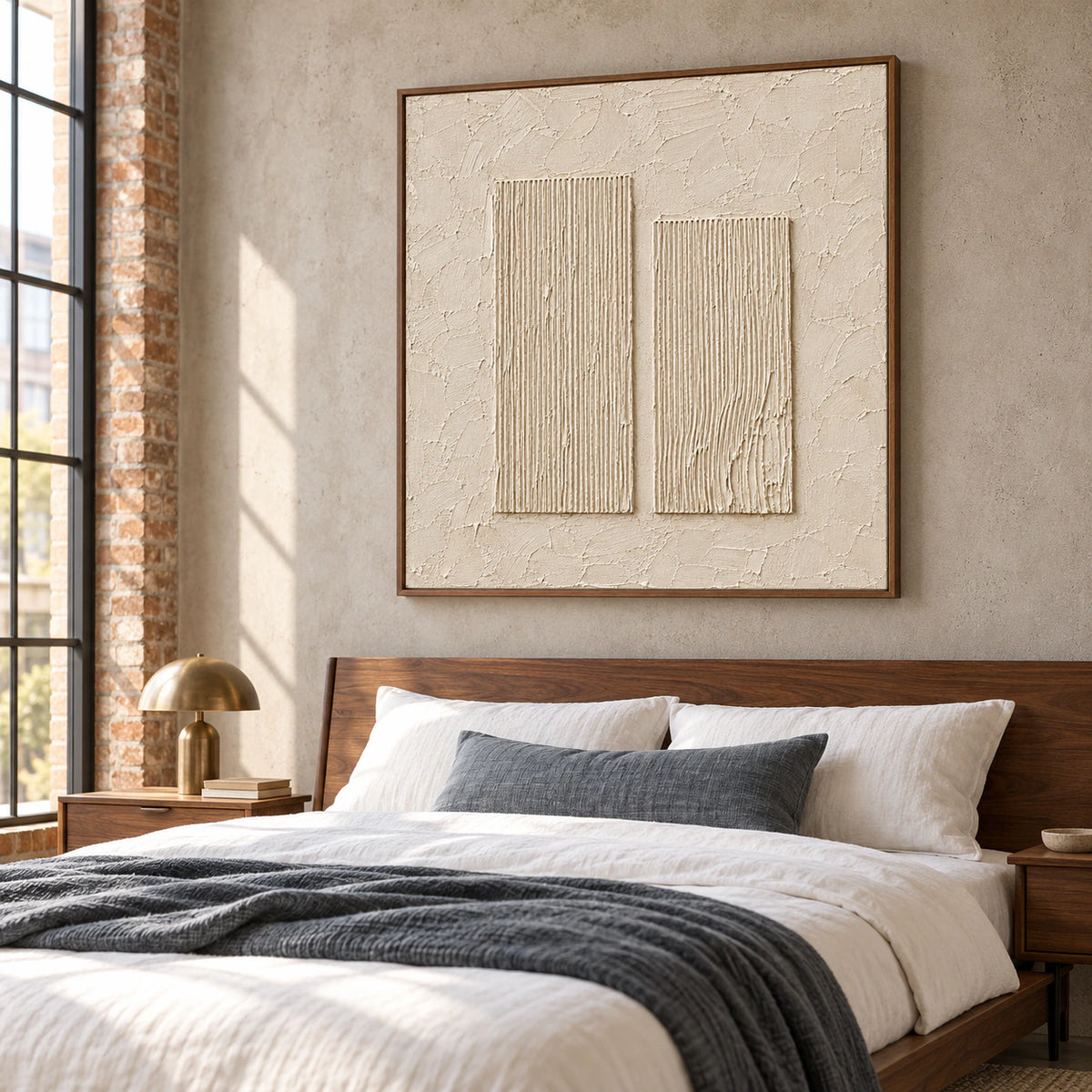 Low left oblique view of square ivory artwork above a walnut bed with white bedding and a muted slate accent in soft morning light.