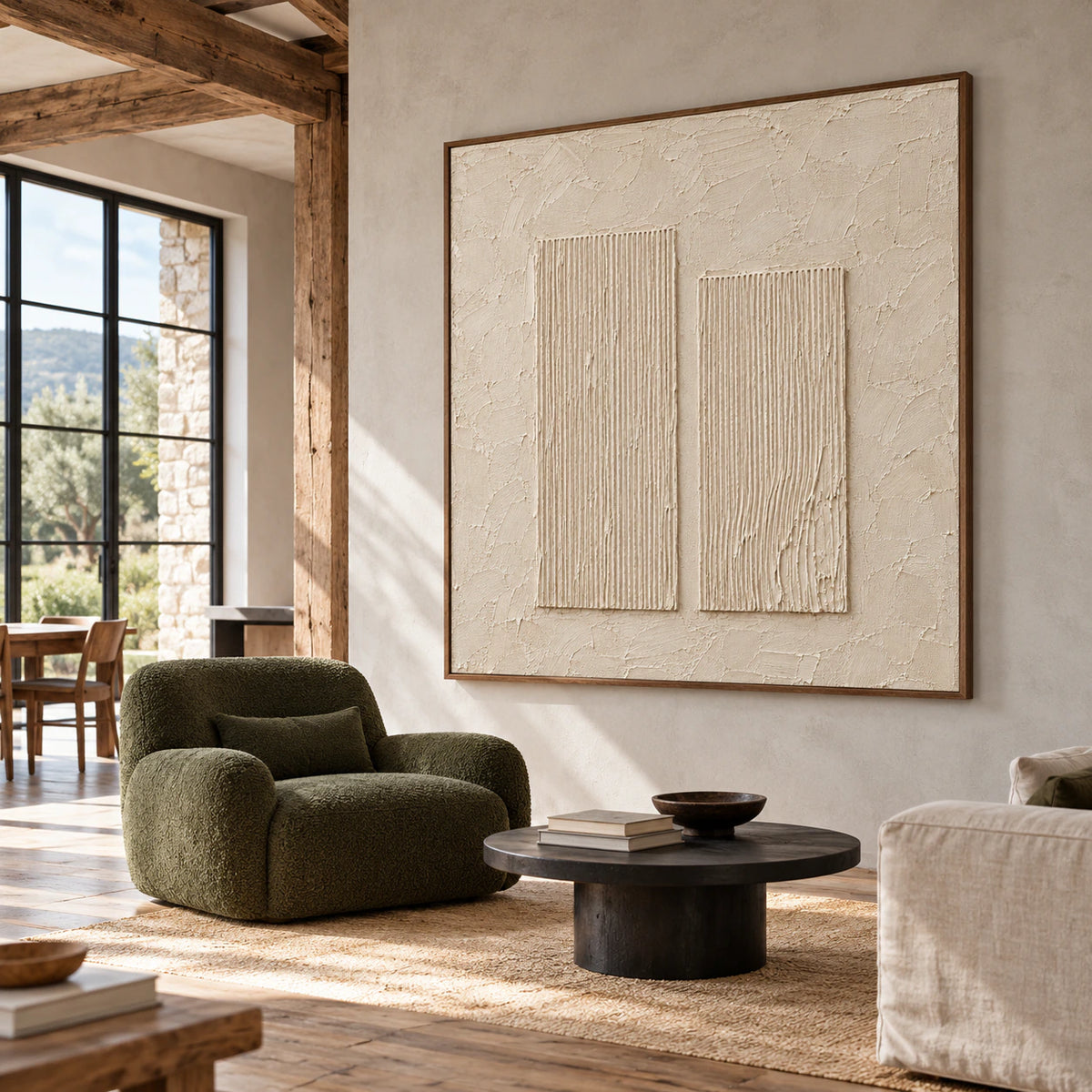 Right oblique view of large square ivory artwork in an open timber-beamed interior near a dark green lounge chair and low black table.