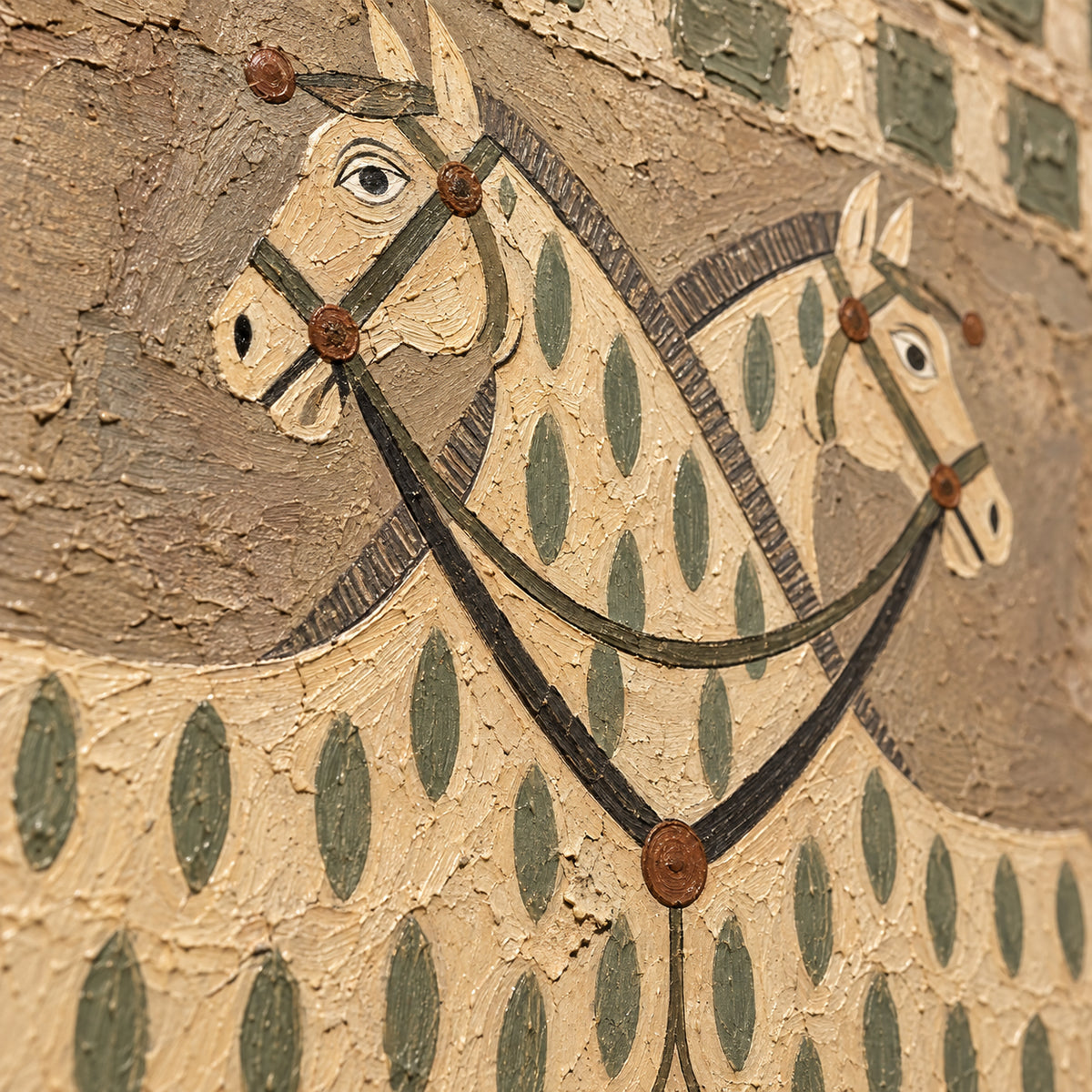 Twin-Canter oil painting brushwork and impasto detail photographed from an oblique side angle