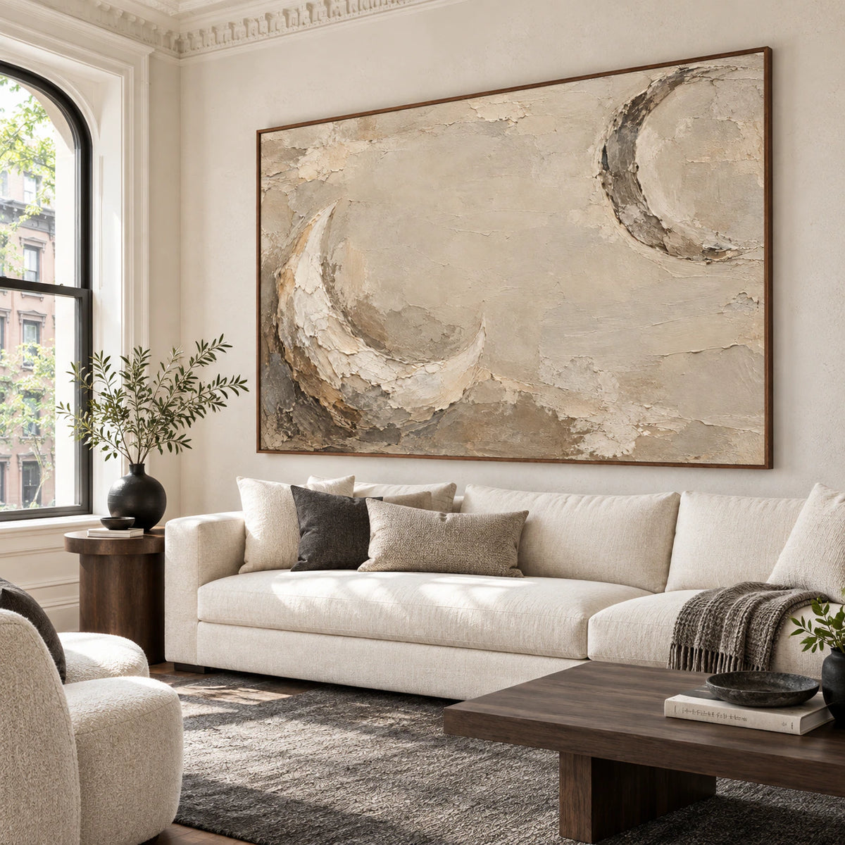 Umber-Arc as the focal point above a restrained sofa in a sunlit living room.