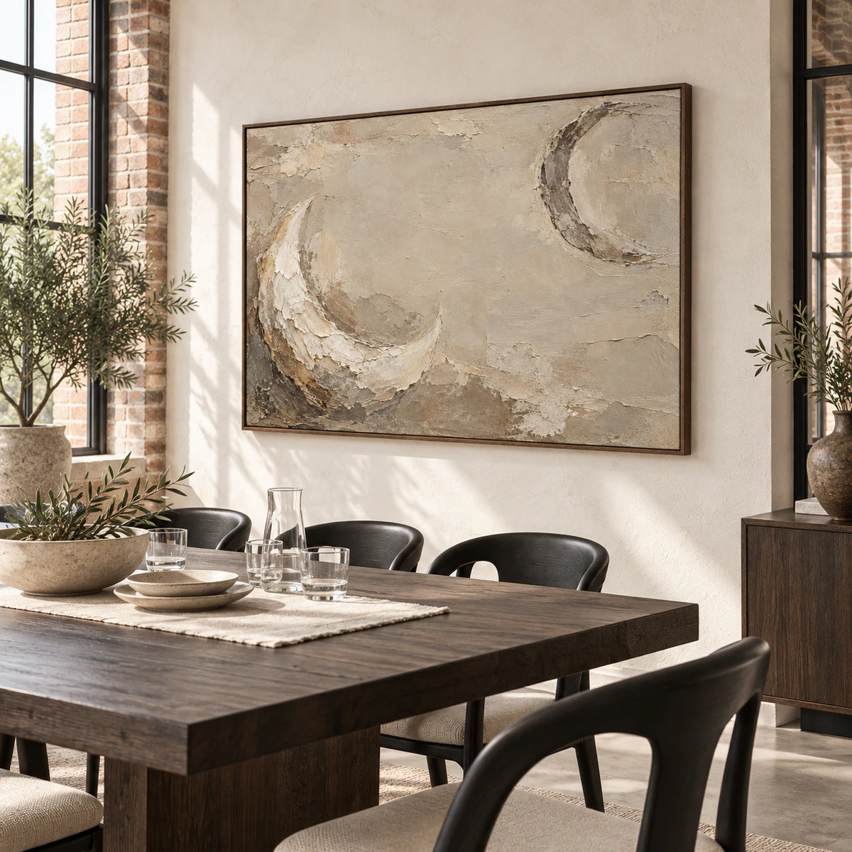 Umber-Arc featured at large scale in a refined daylight dining room.